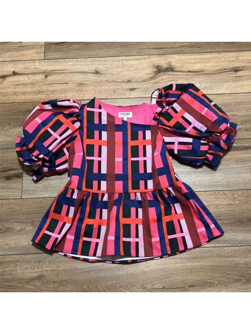 Crosby By Mollie Burch Rooney Top SZ XS Plaid Please Pink Blue Puff Sleeve